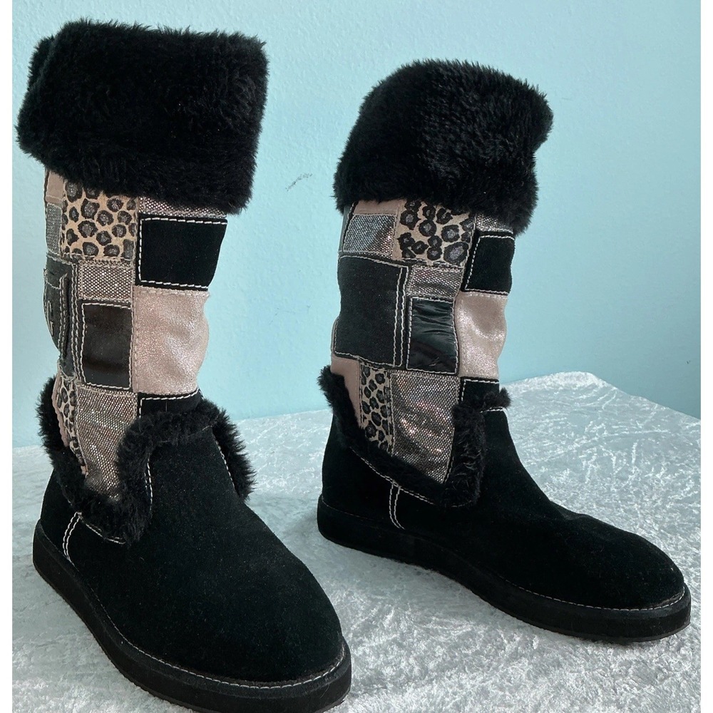 Guess Boots "Harmonie" Black Patchwork Suede Faux Fur Cloth Upper Women's Size 7